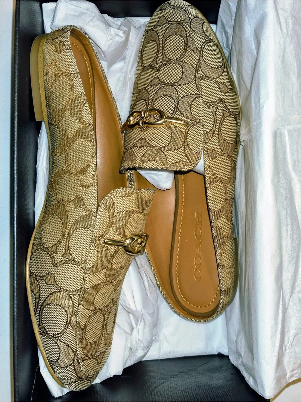 Coach women’s Khaki Signature Canvas Slip-On Loafers with Gold Accent